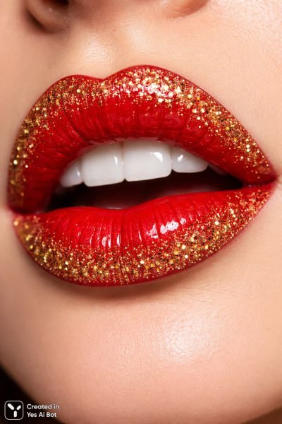 Яркие губы с золотым блеском и фотореалистичный эффект крупным планом. Изображение из нейросети Sora Image