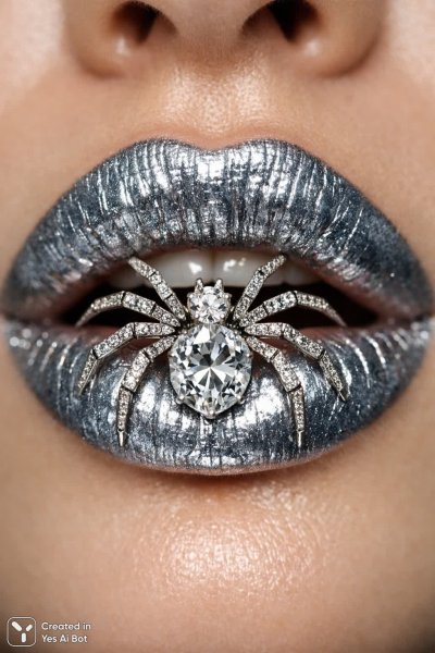 Серебряные губы с бриллиантовым пауком: гиперреалистичный портрет. Генерация из нейронной сети Sora Image