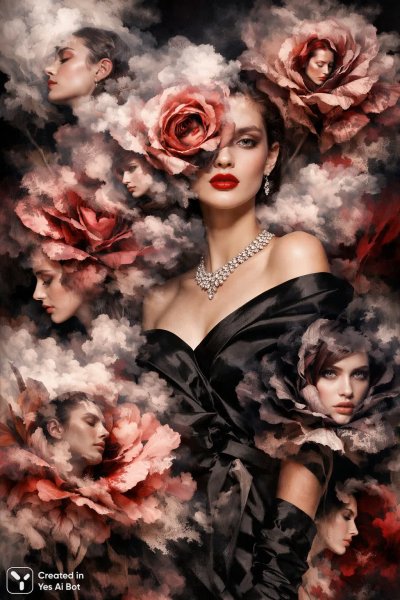 Авангардный коллаж: лики в цветочном вихре идентичности и теней. Картинка из нейросети Sora