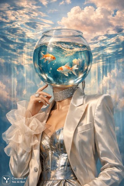 Невероятный портрет: фантазийная фигура с аквариумом вместо головы и отражениями под небесами. Картинка из нейросети Sora