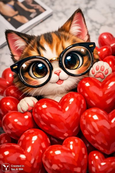Забавный кот в очках и сердечках: яркая цифровая иллюстрация сверху. Нейросеть Sora Ai Images