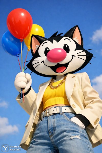 Весёлый котик с шарами в стиле минимализма и фотореализмом. Изображение из нейросети Sora Ai Images