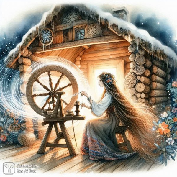 Славянская красавица у прялки: акварельная сказка о времени и мудрости. Изображение из нейронной сети Dalle