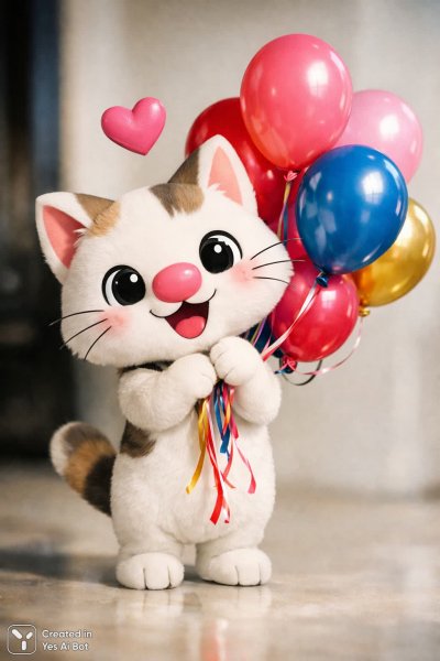 Игривый котенок с воздушными шарами и розовым носиком в стиле минимализма. Изображение из нейросети Sora Ai Images