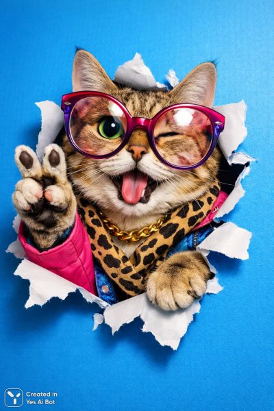 Забавный кот в очках раскрывает секреты сквозь дыру в бумаге. Нейросеть Sora Image