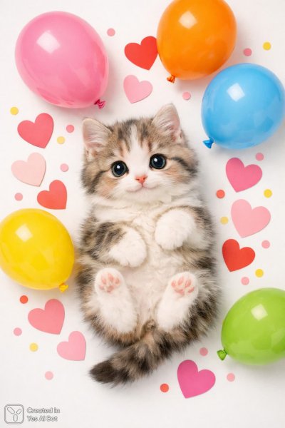 Милый котенок в окружении сердец и ярких воздушных шаров. Генерация из нейросети Sora images Ai