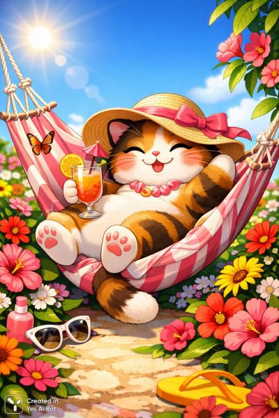 Ленивый котик в гамаке: яркий векторный рисунок с широким углом обзора. Генерация из нейросети Sora images Ai