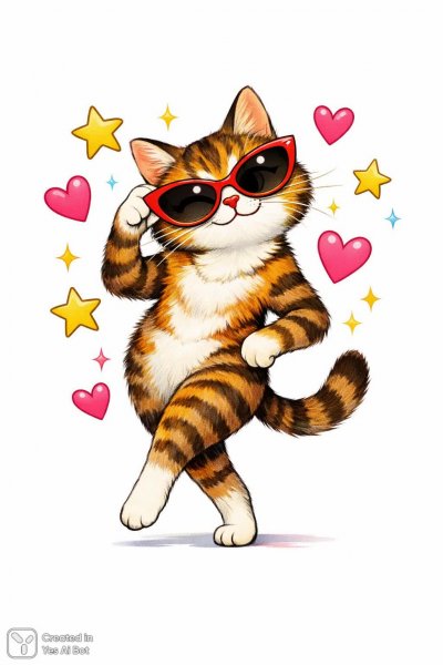 Забавная иллюстрация кота в очках среди звезд и сердец. Картинка из нейросети Sora Image
