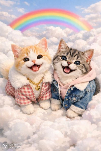 Милые котики на облаках: радужное настроение и красочный мир. Картинка из нейронной сети Sora images Ai