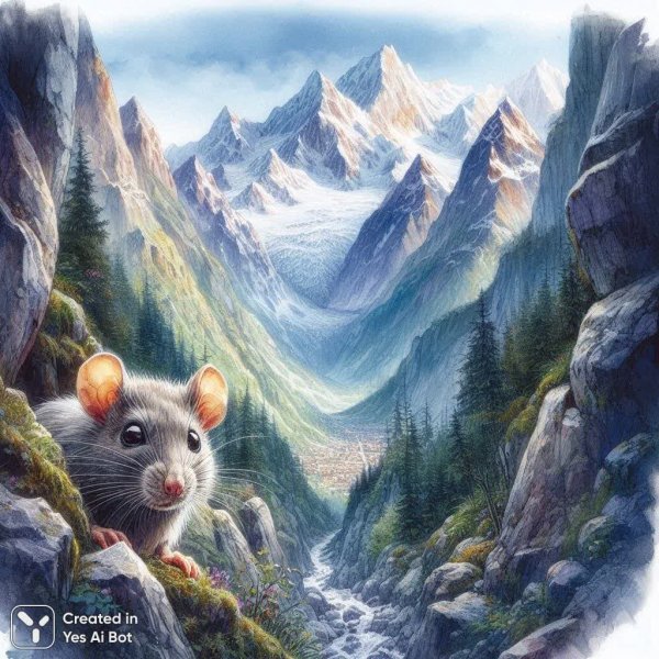 Загадочное горное ущелье: взгляд птичьего ока в нежной акварели. Изображение из нейросети Dalle