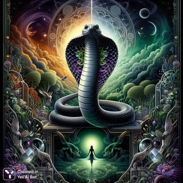 Кобра меж двух миров: магия зелени, черного и фиолета. Изображение из нейронной сети Dalle