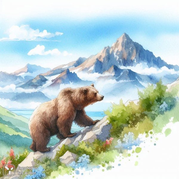 Медведь в горах: акварельный пейзаж с эффектом размытия фона и тонким контуром. Генерация из нейросети Dalle