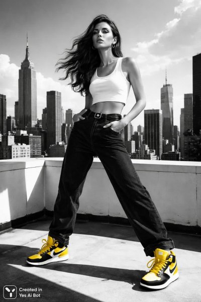 Желтый акцент в монохромном мире: уверенный взгляд на город с крыши. Нейросеть Sora Ai Images