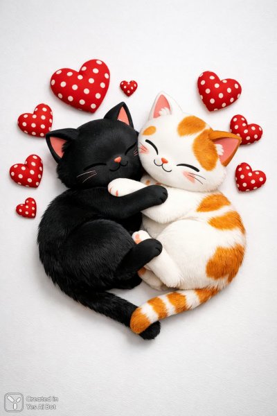 Милые котята в сердечках: иллюстрация для детей и уютная поза. Картинка из нейросети Sora