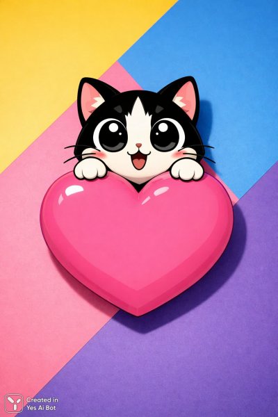 Забавный котик выглядывает из-за розового сердца в минималистичном стиле. Генерация из нейронной сети Sora Image