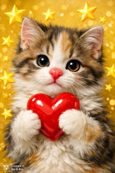 Маленький котенок с розовым носиком и красным сердечком в звездном сиянии. Картинка из нейросети Sora Ai Images