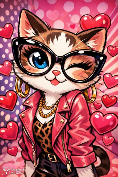 Игривый котенок с большими очками в сердечках и ярком окружении. Картинка из нейросети Sora