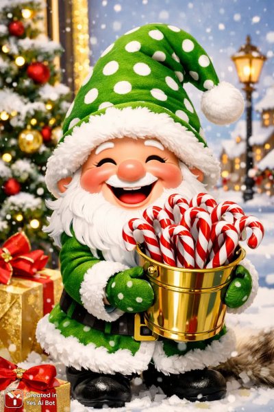 Веселый гном с леденцами и праздничным настроением зимой. Генерация из нейронной сети Sora Image