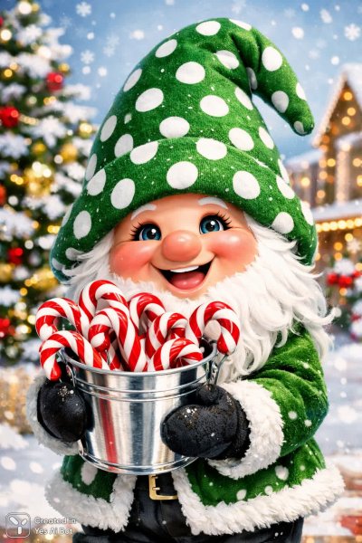 Веселый гном с леденцами и праздничным настроением в зимнем пейзаже. Картинка из нейронной сети Sora Images
