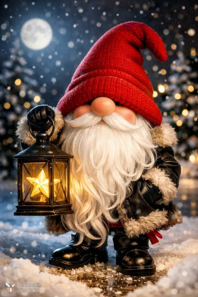 Волшебный гном с фонарем и звездой в зимнюю ночь. Нейросеть Sora Ai Images
