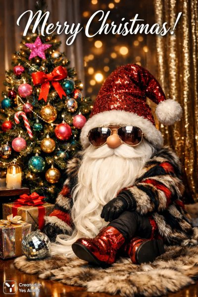 Рождественский гном у наряженной елки: уютное новогоднее настроение и яркие украшения. Изображение из нейронной сети Sora Images