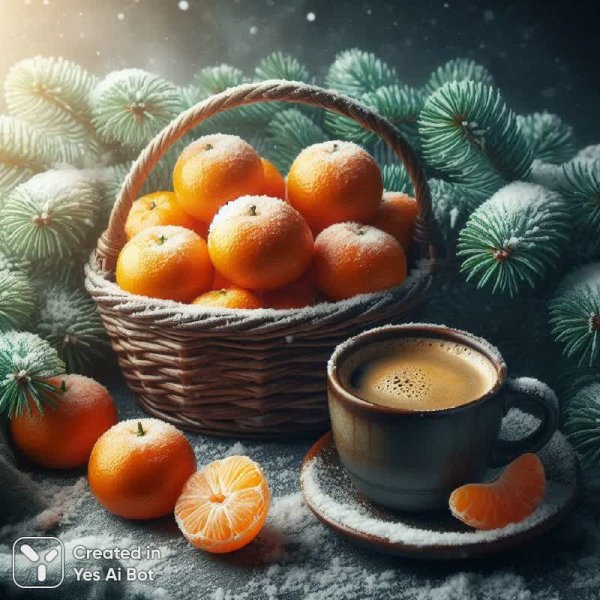 Зимнее настроение: мандарины, кофе и снежные пейзажи. Изображение из нейросети Dalle