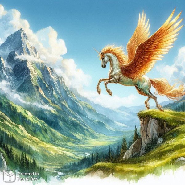 Пегас над полем: акварельный полет в солнечный день. Генерация из нейронной сети Dalle-3