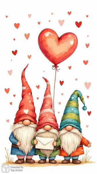 Три гнома: праздник любви и писем в ярком стиле с дудлом. Изображение из нейросети Flux.1