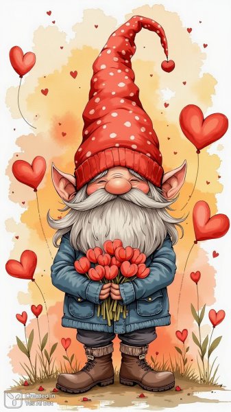 Гном с седой бородой и букетом сердец в ярком мультяшном стиле. Нейронная сеть Flux 1