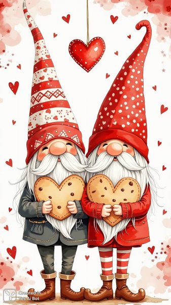 Очаровательные гномы с сердечными печеньками в ярком стиле наивного искусства. Генерация из нейронной сети Flux Ai