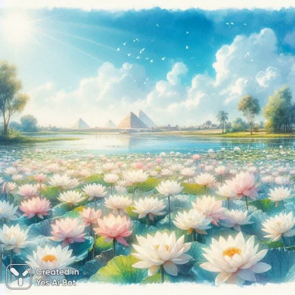 Белый лотос у египетских пирамид: акварельная идиллия в пастельных тонах. Изображение из нейросети Далли 3