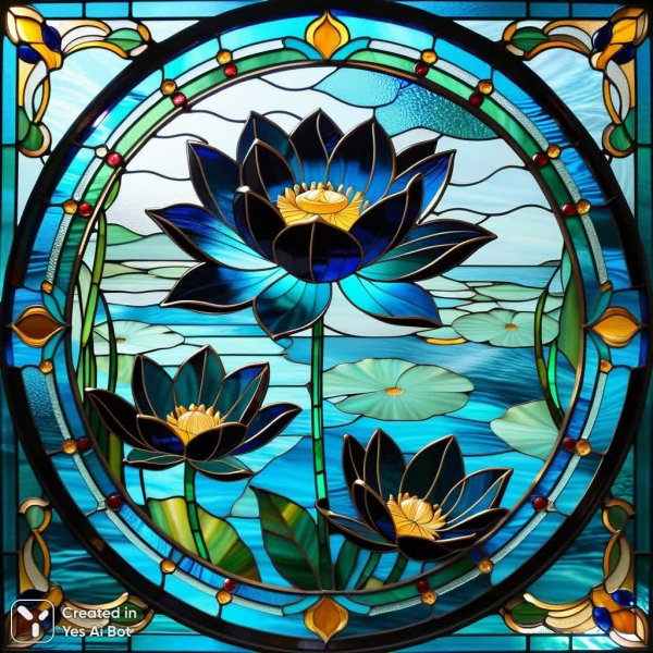 Черный лотос в технике Тиффани на синем озере. Генерация из нейросети Stable Diffusion