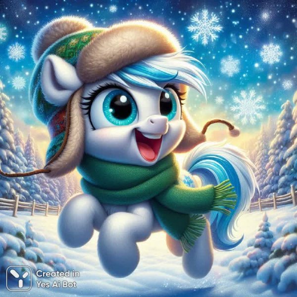 Зимнее приключение пони: волшебство и уют среди заснеженных деревьев. Генерация из нейронной сети Dalle