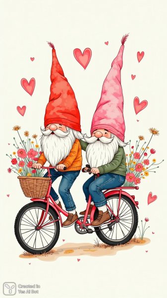 Забавные гномы на велосипеде в стиле Zentangle и сердечки вокруг них создают атмосферу радости и тепла. Генерация из нейросети Flux Ai