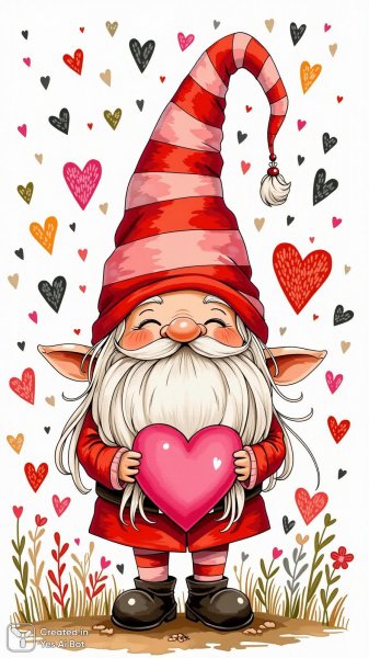 Весёлый гном с розовым сердцем и яркими узорами. Нейросеть Flux