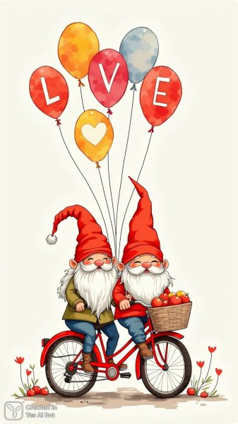 Два милых гнома на велосипеде в ярких шариках любви и радости. Генерация из нейросети Flux 1