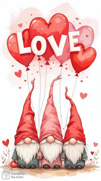 Четыре гнома с праздничными шарами в форме сердца, создающие слово любовь, милый мультяшный стиль. Картинка из нейросети Flux 1
