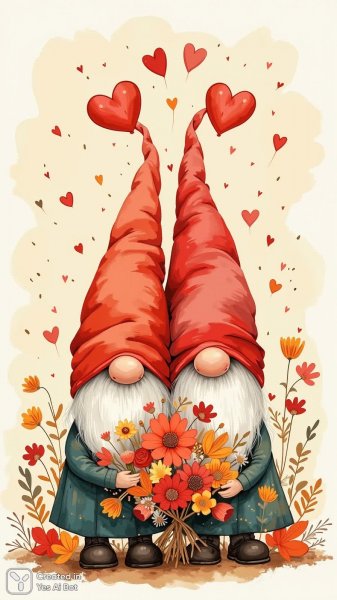 Два гнома в шляпах сердечек: милое очарование и цветочный букет. Генерация из нейронной сети Flux