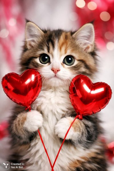 Милый котенок с воздушными шарами в форме сердца, фотореализм и яркие цвета. Нейронная сеть Sora Ai Images