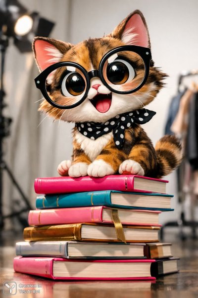 Забавный кот в очках читает книжный мир ярких красок и позитива. Картинка из нейросети Sora images Ai