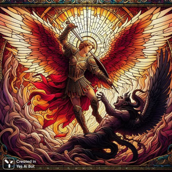 Триумф света: Архангел Михаил в витражном великолепии Тiffany. Картинка из нейросети Далли 3