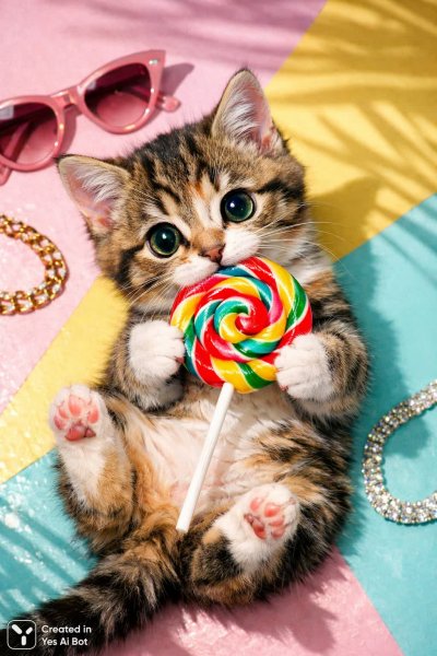 Игривый котенок с леденцом: яркий кадр в деталях. Генерация из нейросети Sora images Ai