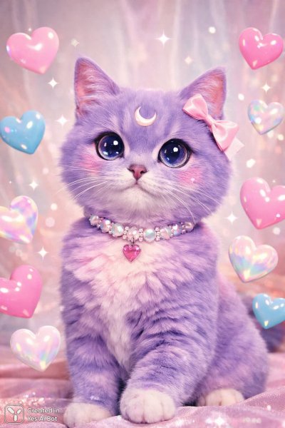 Милый фиолетовый кот в окружении сердец, нежная пастельная цветовая гамма и волшебный дизайн. Изображение из нейронной сети Sora Image
