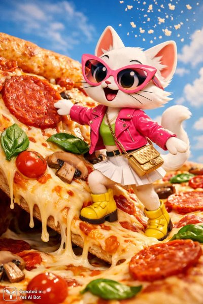 Котик-мультяшка и гигантский кусок пиццы: весёлое приключение в ярких красках. Генерация из нейронной сети Sora