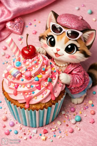 Забавный котик и гигантский кекс: восхитительные цвета в высоком разрешении. Генерация из нейросети Sora Images