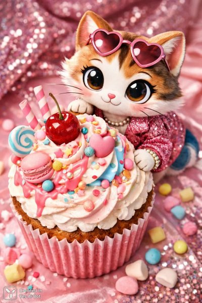 Кошачий десерт: гигантский кекс в ярких цветах с высоты птичьего полета. Картинка из нейросети Sora