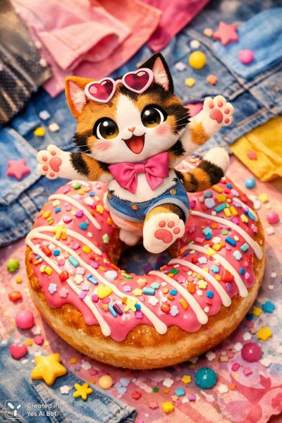 Котик на пончике: Радость в ярких красках и деталях. Картинка из нейронной сети Sora