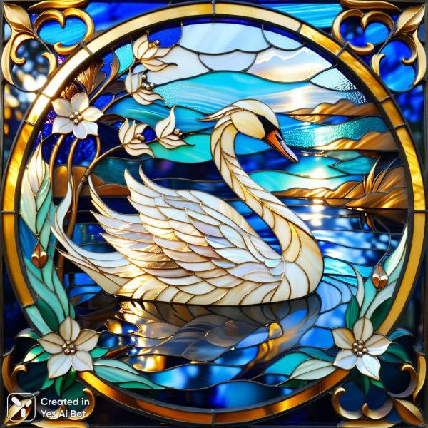 Нежное великолепие: техника Тиффани и золотой лебедь на синем озере. Картинка из нейросети Stable Diffusion