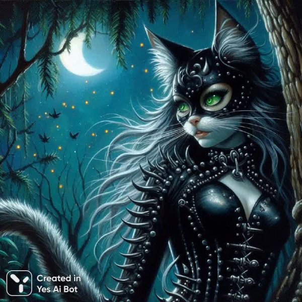 Женщина-кошка в лесу: ночная акриловая картина с луной и светящимися глазами. Изображение из нейронной сети Dalle