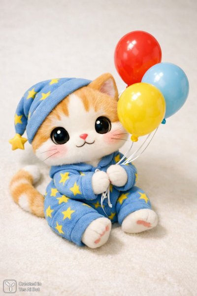 Милый котик в пижаме с желтыми звездочками и воздушными шарами. Картинка из нейронной сети Sora